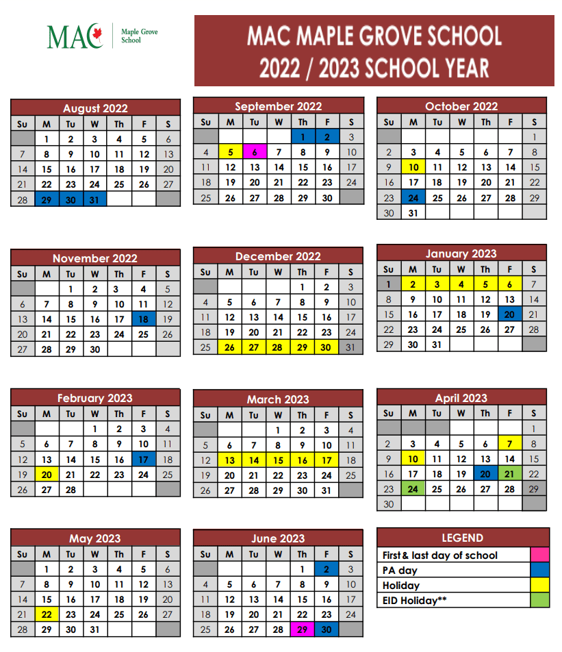 School Calendar Maple Grove School