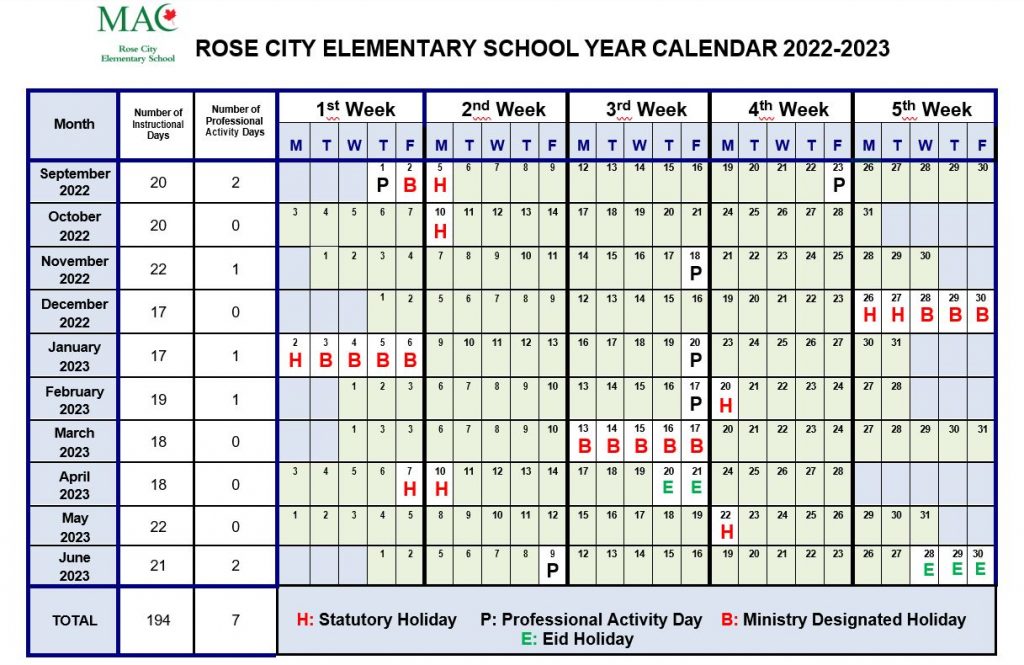 School Calendar Rose City Elementary School