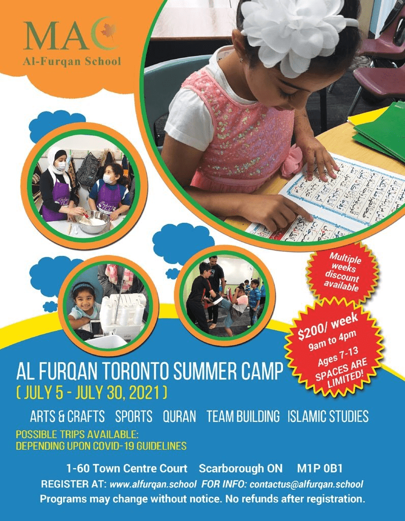 Thank you for all registrants! Registration for MAC Al-Furqan Toronto's 2021 Summer Camp is now closed!